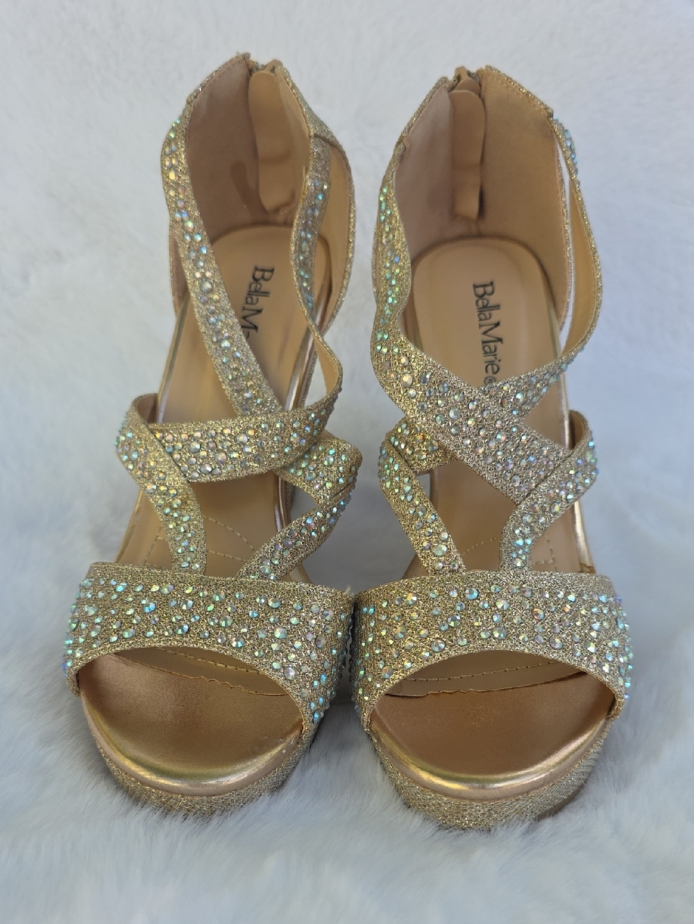 High Heel Wedge Evening Formal Wedding Prom Shoes Champagne Gold Sparkle Jewel 9